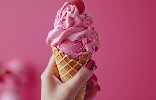 AI generated hand holding waffle cone with pink ice cream on pink background photo