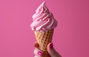 AI generated hand holding waffle cone with pink ice cream on pink background photo