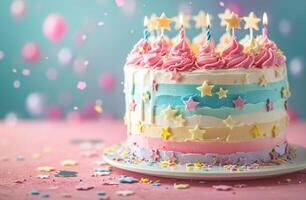 ai generado azul, rosa, y amarillo arco iris cumpleaños pastel en un mesa con estrellas terminado eso foto