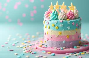 AI generated blue, pink, and yellow rainbow birthday cake on a table with stars over it photo