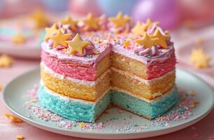 AI generated blue, pink, and yellow rainbow birthday cake on a table with stars over it photo