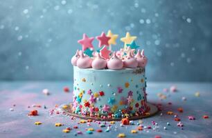 AI generated cake with stars on top against a blue background photo