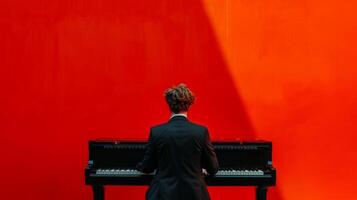 AI generated minimalist vivid advertisment background with handsome pianist and copy space photo