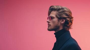 AI generated minimalist vivid advertisment background with handsome shef and copy space photo