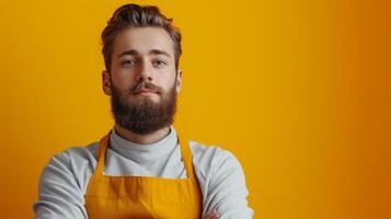 AI generated minimalist vivid advertisment background with handsome shef and copy space photo