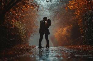 AI generated a couple kissing on a path out of a rainy day photo