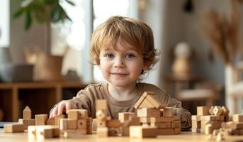 AI generated a little boy is playing with building blocks photo