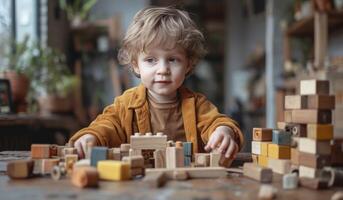 AI generated a little boy is playing with building blocks photo