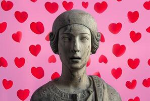 ai generado un escultura con rojo corazones en un rosado antecedentes foto