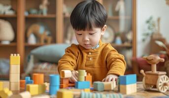 AI generated a little boy is playing with building blocks photo