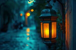 AI generated a shabby elegant lantern lit in a city in a bright light photo