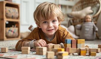 AI generated a little boy is playing with building blocks photo