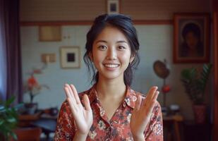 ai generado un sonriente asiático mujer muestra su manos foto