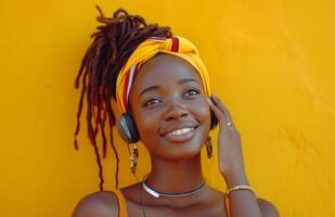 ai generado un joven negro mujer escuchando a música en el teléfono en un amarillo antecedentes foto