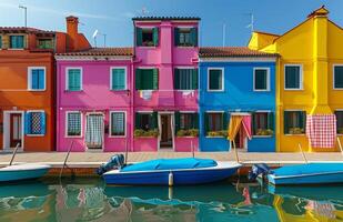 ai generado vistoso canal con casas con barcos atracado en el agua foto