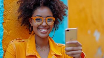AI generated an african american woman pointing her finger while pointing to her smart phone photo
