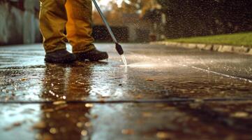 AI generated an individual cleaning the driveway with a spray photo