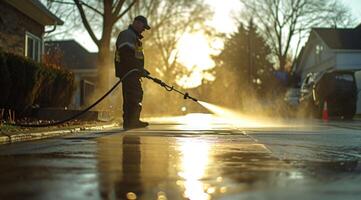 AI generated an individual cleaning the driveway with a spray photo