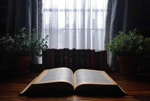 ai generado un abierto libro en un escritorio cerca un ventana, foto