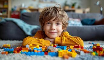 AI generated boy is playing with legos in home photo