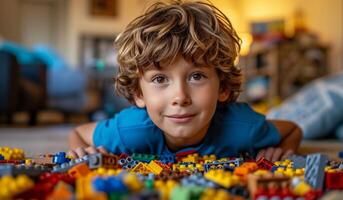 AI generated boy is playing with legos in home photo