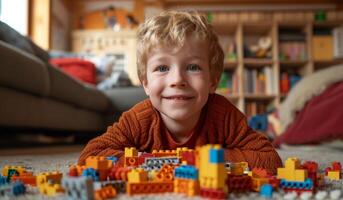 AI generated boy is playing with legos in home photo