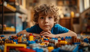 AI generated boy is playing with legos in home photo