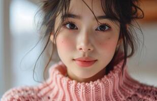 AI generated close up of young asian woman with pink sweater photo