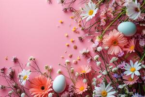 AI generated Floral Delight. Easter joy surrounded by flowers and copy space photo