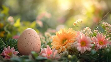 AI generated Floral Delight. Easter joy surrounded by flowers and copy space photo