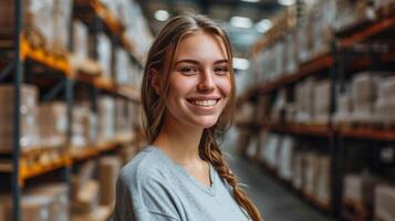 ai generado niña sonriente en almacén o distribución habitación foto