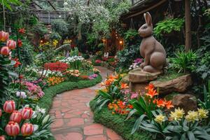 AI generated Lush garden adorned for Easter promotions photo