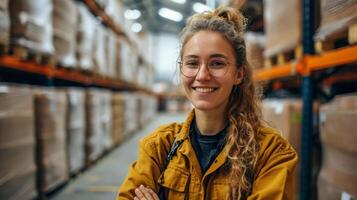 ai generado niña sonriente en almacén o distribución habitación foto