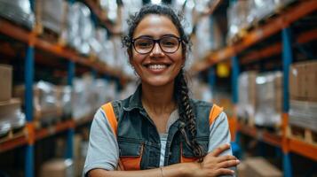 AI generated girl warehouse worker smiling, standing in an aisle with boxes in front of her photo