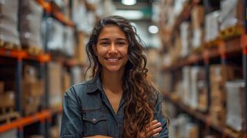 AI generated girl warehouse worker smiling, standing in an aisle with boxes in front of her photo