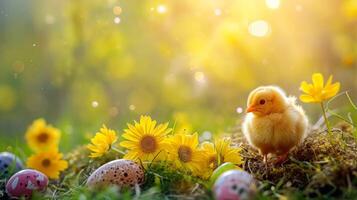 AI generated Joyful Celebration. Lively Easter scene with space for promotions photo