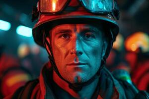 AI generated male firefighter wearing firefighter helmet and hat to the background of firefighters in uniform photo