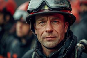 ai generado masculino bombero vistiendo bombero casco y sombrero a el antecedentes de bomberos en uniforme foto