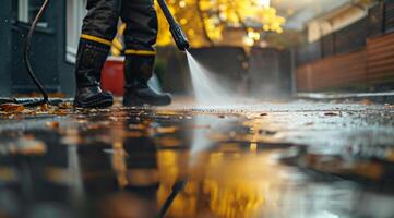 AI generated man cleaning pavement with a pressure washer photo