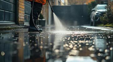 AI generated man cleaning pavement with a pressure washer photo