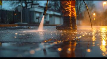 AI generated man cleaning pavement with a pressure washer photo