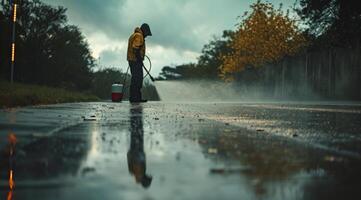 AI generated man power washing his road in wet weather with rain photo