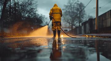 ai generado hombre poder Lavado su la carretera en mojado clima con lluvia foto