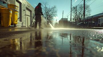 AI generated man washing a wet walkway with white high quality house cleaning nozzle, photo