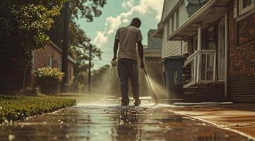 AI generated man washing a wet walkway with white high quality house cleaning nozzle, photo