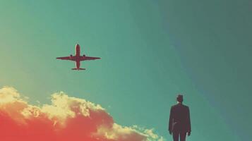 AI generated minimalist advertisment background with pilot and copy space photo