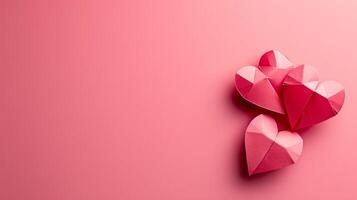 AI generated minimalist pink vivid background with two paper little hearts and copy space photo