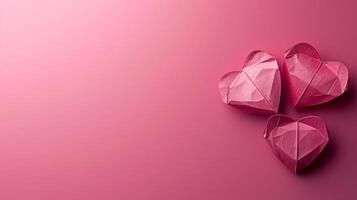 AI generated minimalist pink vivid background with two paper little hearts and copy space photo