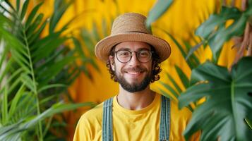 AI generated minimalist vivid advertisment background with handsome gardener and copy space photo