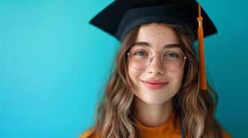 AI generated minimalist vivid advertisment background with handsome woman in graduation cap and copy space photo